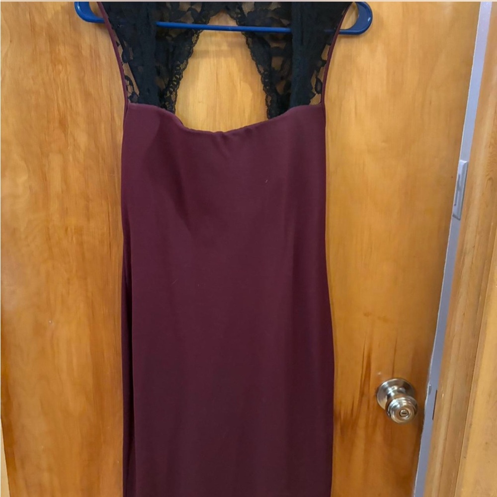 Moda International Burgundy Backless Dress with Black Lace